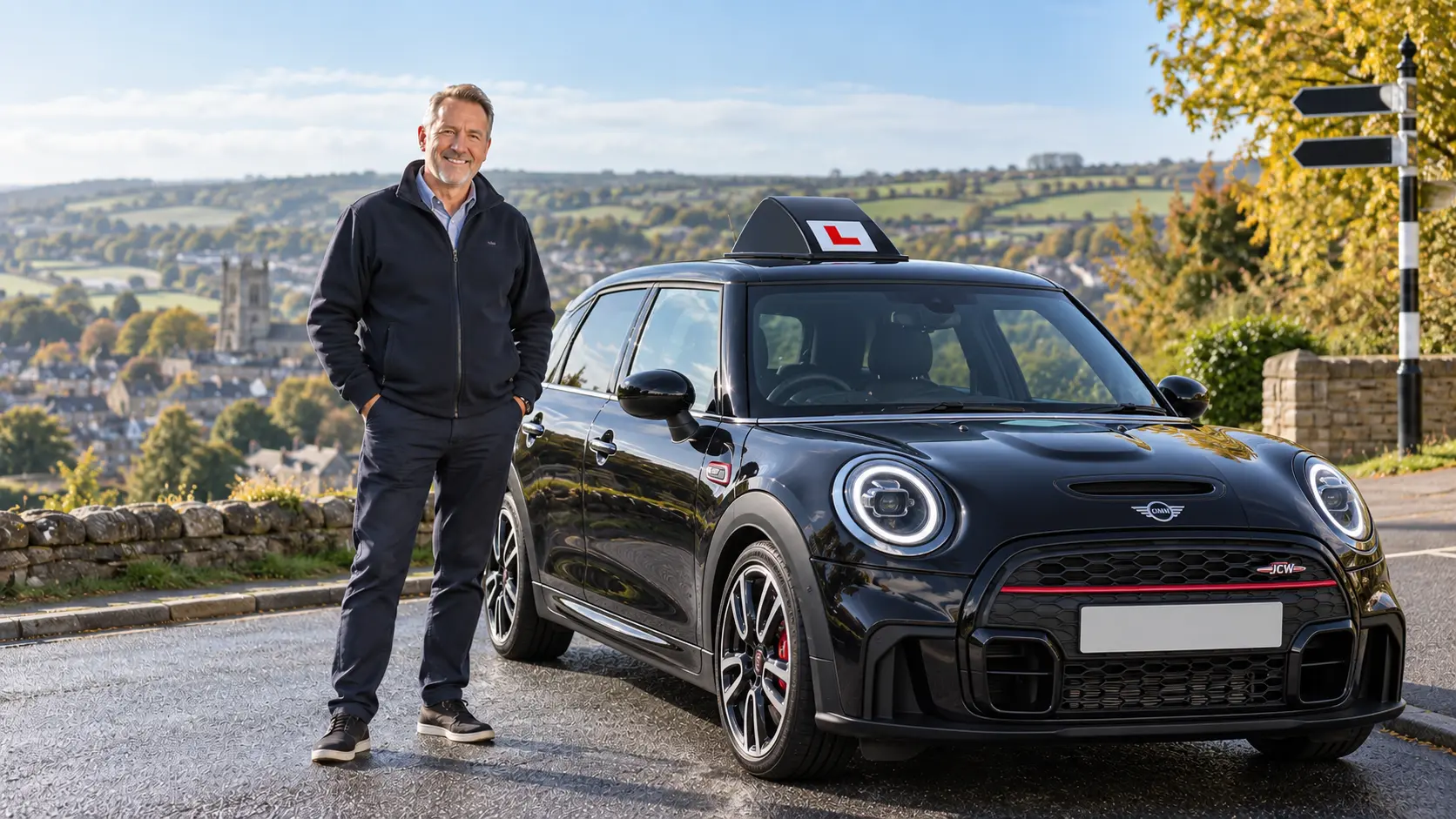 AutoSkool instructor beside a black MINI Cooper JCW learner car