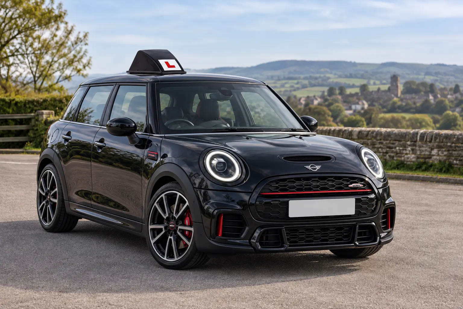 Black five-door MINI Cooper JCW automatic tuition car with learner roof box
